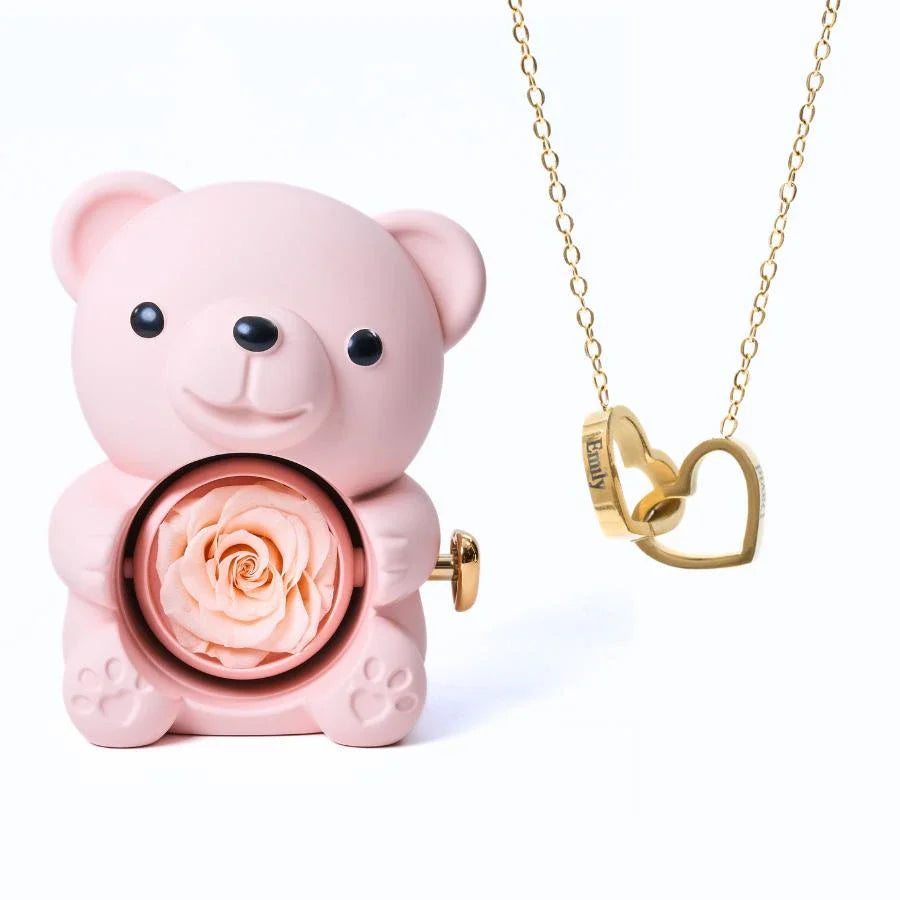 Ours Rose Éternelle & Collier Personnalisé
