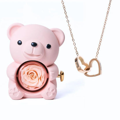 Ours Rose Éternelle & Collier Personnalisé