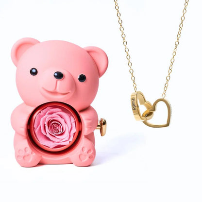 Ours Rose Éternelle & Collier Personnalisé