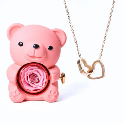 Ours Rose Éternelle & Collier Personnalisé
