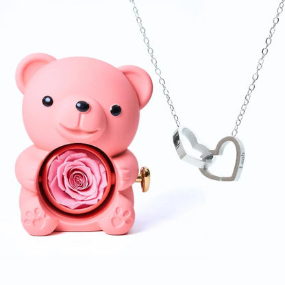 Ours Rose Éternelle & Collier Personnalisé