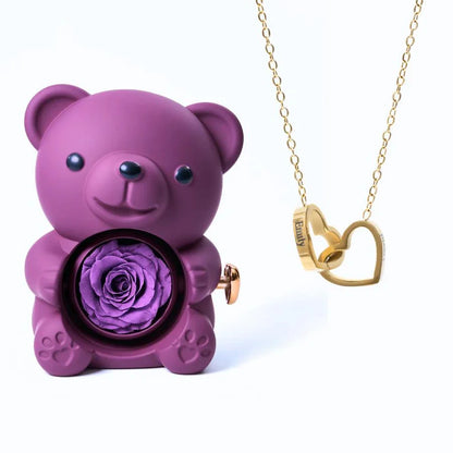 Ours Rose Éternelle & Collier Personnalisé