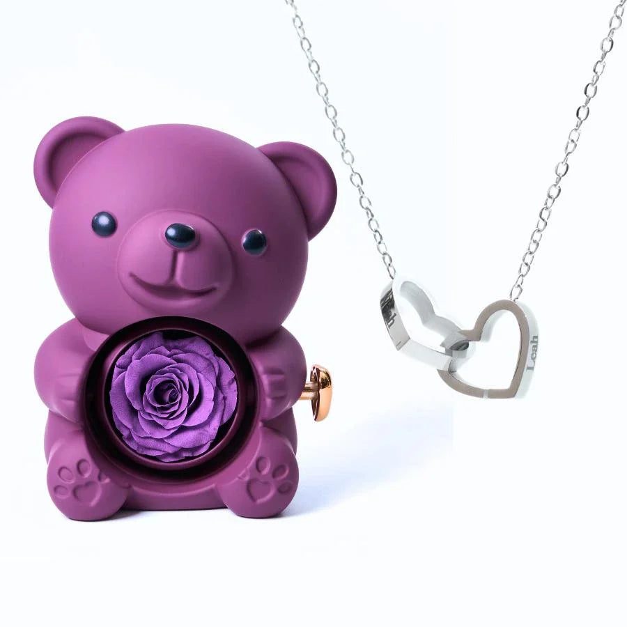 Ours Rose Éternelle & Collier Personnalisé