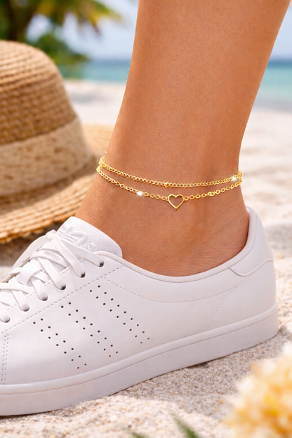 Bracelet de cheville à double chaîne avec cœur